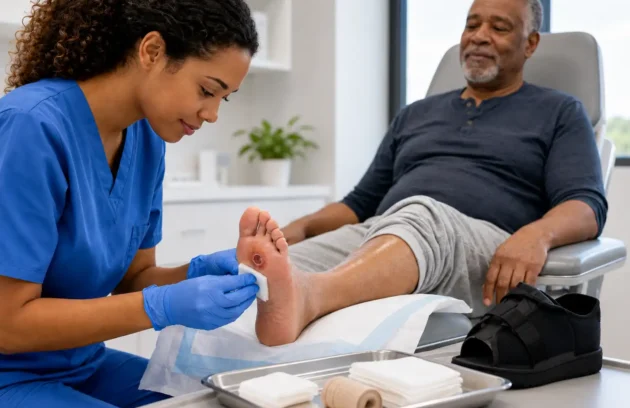 Clinician providing diabetic foot ulcer treatment Fayetteville GA by cleaning and dressing an older patient’s foot ulcer during a wound care visit.