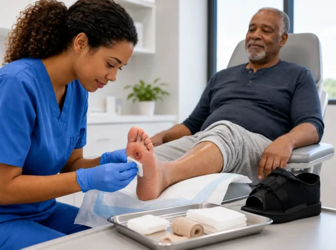 Clinician providing diabetic foot ulcer treatment Fayetteville GA by cleaning and dressing an older patient’s foot ulcer during a wound care visit.