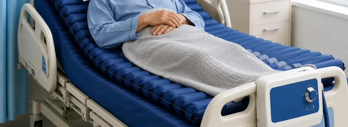 Older man resting comfortably on a **pressure relief mattress** designed to reduce pressure during extended bed rest.