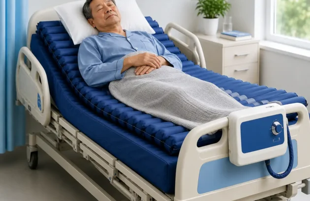 Older man resting comfortably on a **pressure relief mattress** designed to reduce pressure during extended bed rest.