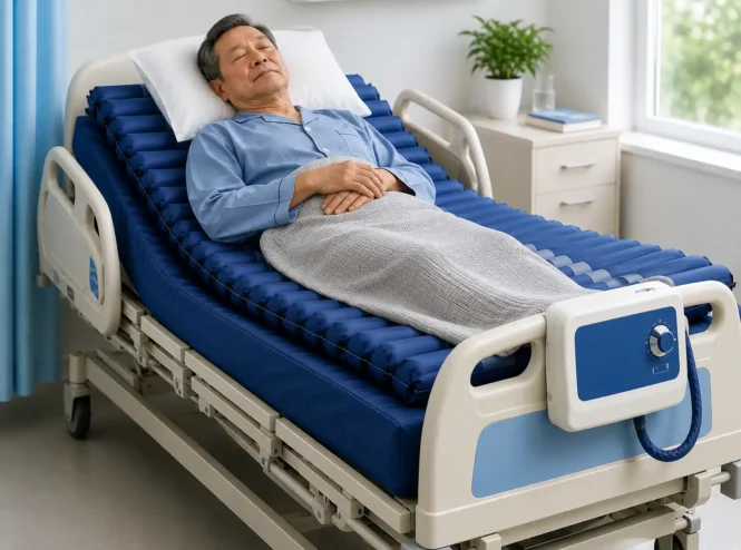 Older man resting comfortably on a **pressure relief mattress** designed to reduce pressure during extended bed rest.