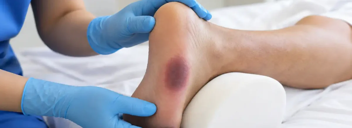 Clinician examining a patient’s heel with dark red-purple discoloration consistent with a **deep tissue pressure injury**.