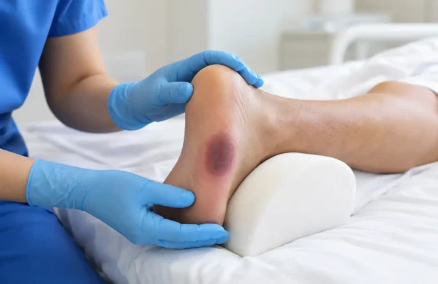 Clinician examining a patient’s heel with dark red-purple discoloration consistent with a **deep tissue pressure injury**.