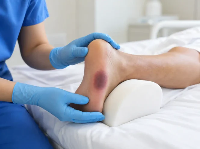 Clinician examining a patient’s heel with dark red-purple discoloration consistent with a **deep tissue pressure injury**.