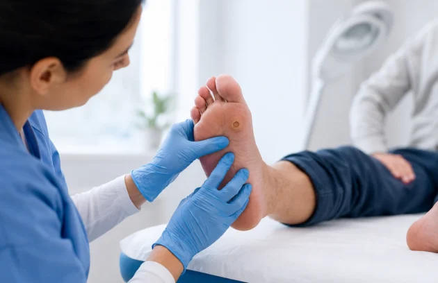Clinician examining the sole of a patient's foot, with a small round ulcer visible under the ball of the foot