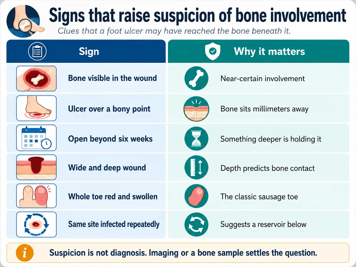 Infographic on osteomyelitis foot ulcer warning signs, showing clues that a foot ulcer may have reached the bone, including visible bone, location over a bony point, long duration, deep wound depth, a swollen red toe, and repeated infection at the same site.