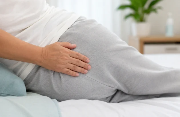 Person lying on their side in bed with a hand resting on the hip area, illustrating body positioning and pressure points associated with Pressure Ulcer Stages and pressure injury prevention.