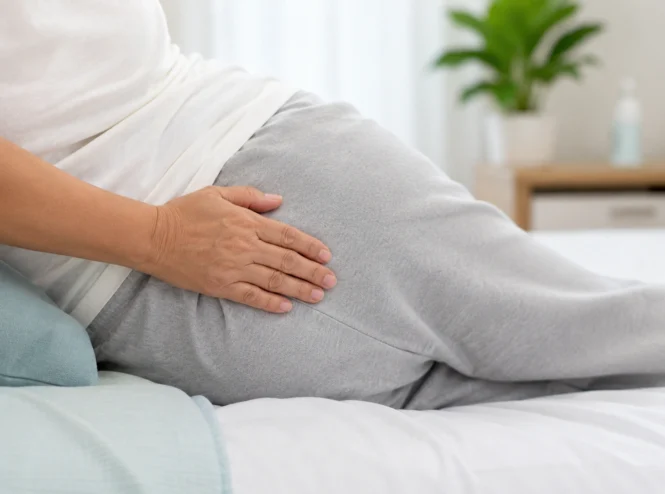 Person lying on their side in bed with a hand resting on the hip area, illustrating body positioning and pressure points associated with Pressure Ulcer Stages and pressure injury prevention.