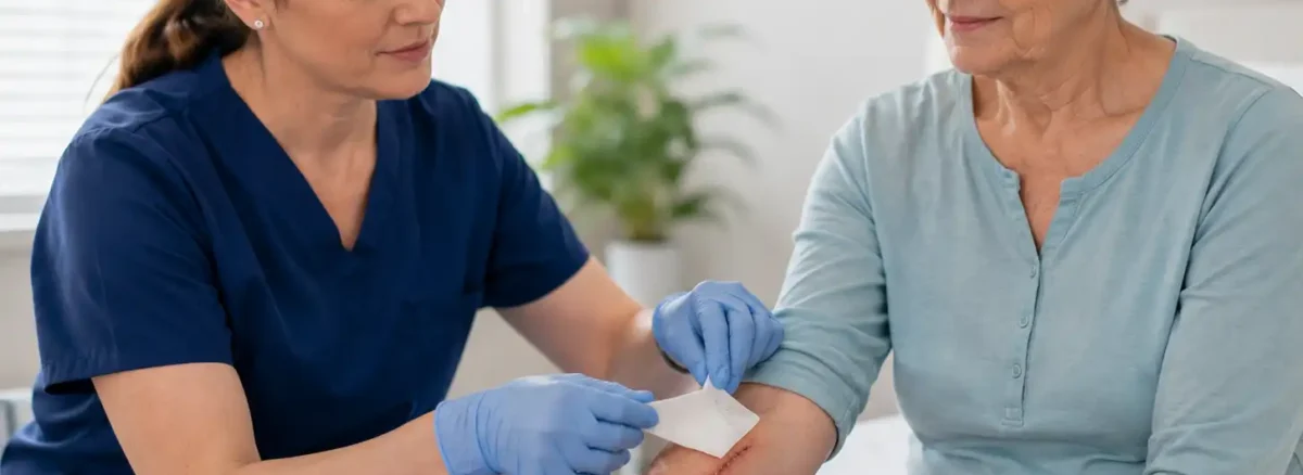 Nurse removing a dressing from an older woman’s healing forearm, showing when to stop covering an open wound once the skin has closed.