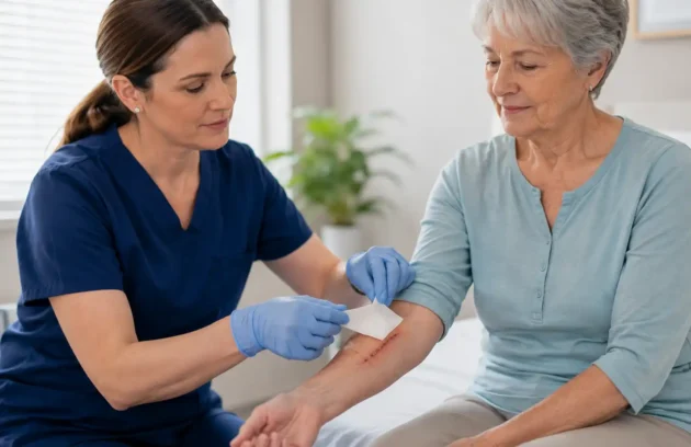 Nurse removing a dressing from an older woman’s healing forearm, showing when to stop covering an open wound once the skin has closed.