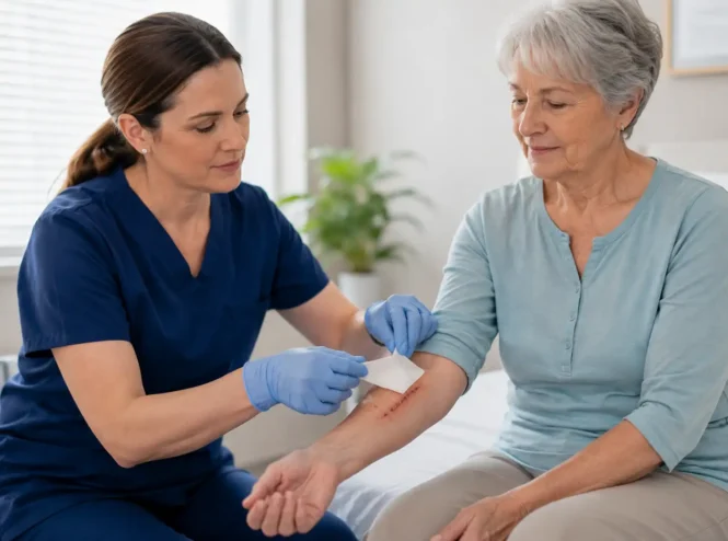 Nurse removing a dressing from an older woman’s healing forearm, showing when to stop covering an open wound once the skin has closed.