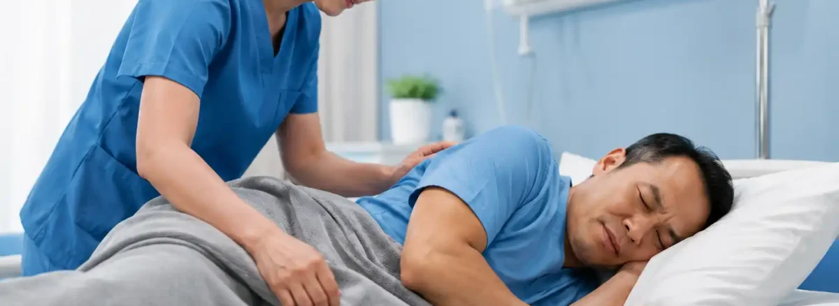 Compassionate nurse caring for a patient with an **Unstageable Pressure Ulcer** while he rests on his side in a hospital bed.
