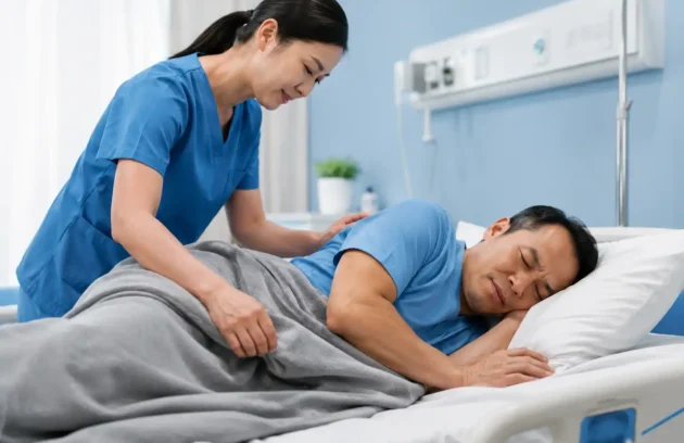 Compassionate nurse caring for a patient with an **Unstageable Pressure Ulcer** while he rests on his side in a hospital bed.