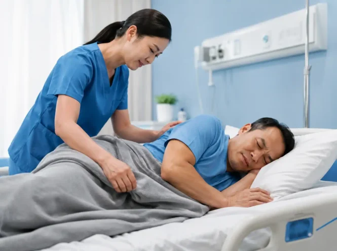 Compassionate nurse caring for a patient with an **Unstageable Pressure Ulcer** while he rests on his side in a hospital bed.