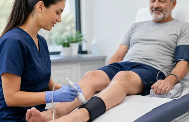 Healthcare professional performing an ankle-brachial index test on a patient using blood pressure cuffs and a handheld Doppler probe.