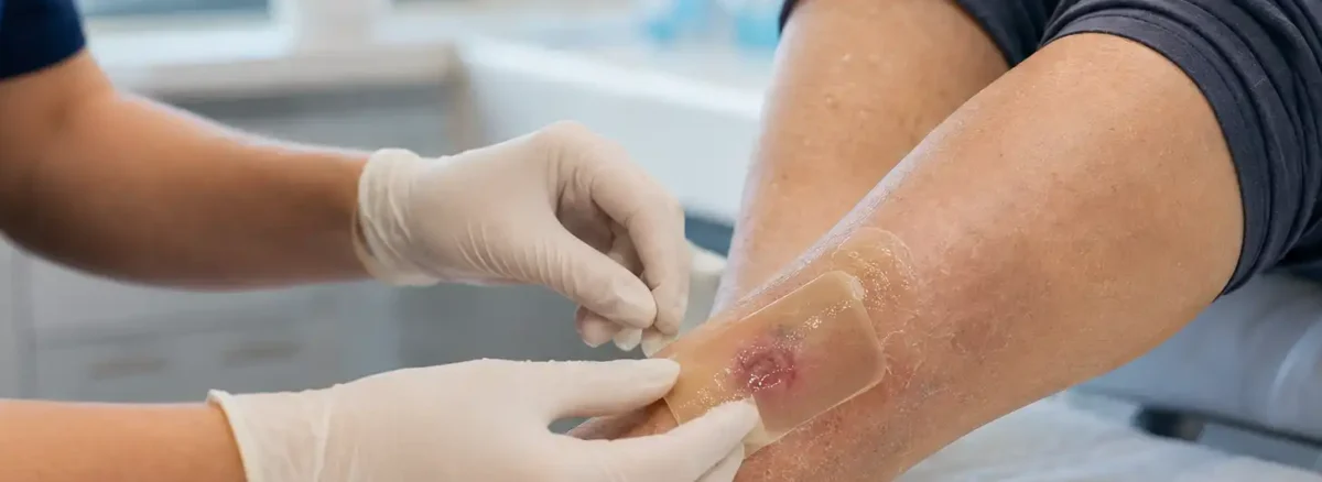 Clinician applying a moisture-retaining wound dressing to a patient’s lower leg during gentle autolytic debridement treatment.