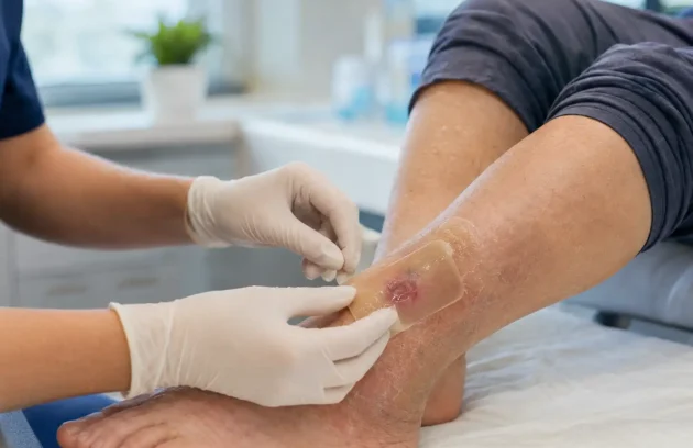 Clinician applying a moisture-retaining wound dressing to a patient’s lower leg during gentle autolytic debridement treatment.