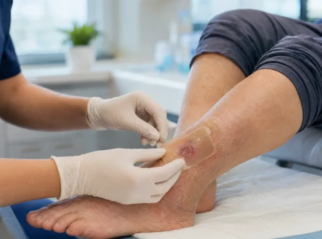 Clinician applying a moisture-retaining wound dressing to a patient’s lower leg during gentle autolytic debridement treatment.