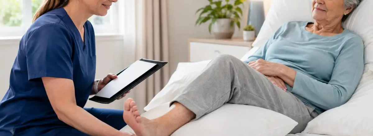 Nurse assessing an older patient’s heel and mobility in bed as part of a Braden scale pressure injury risk evaluation.