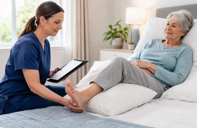 Nurse assessing an older patient’s heel and mobility in bed as part of a Braden scale pressure injury risk evaluation.