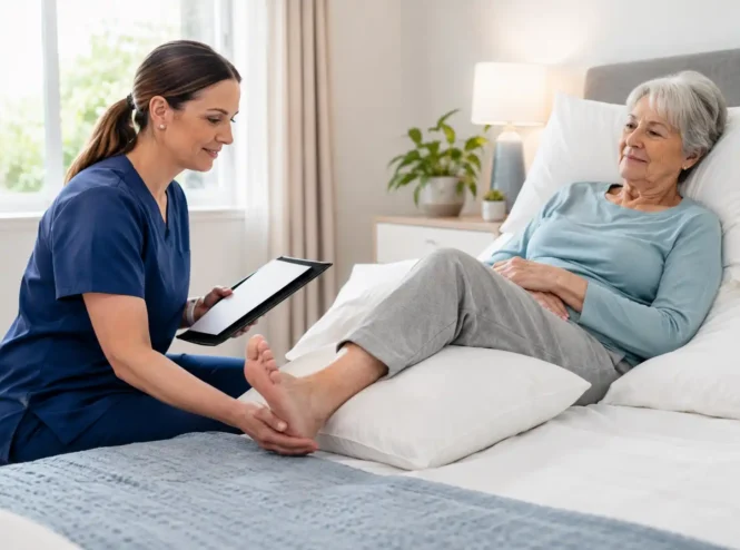 Nurse assessing an older patient’s heel and mobility in bed as part of a Braden scale pressure injury risk evaluation.