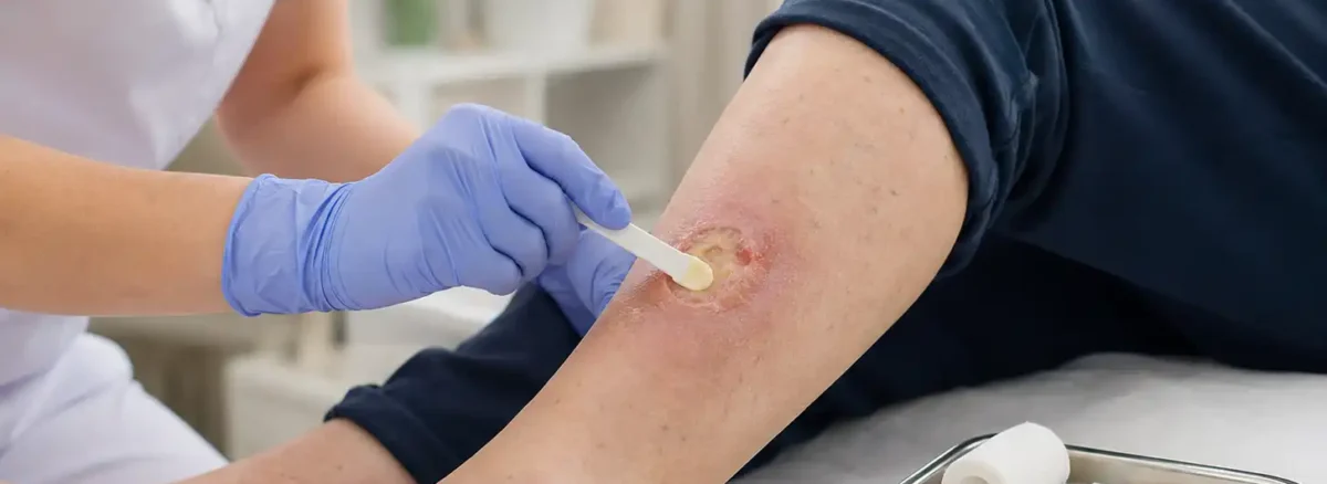 Clinician applying ointment during **enzymatic debridement** to help remove dead tissue from a lower-leg wound.