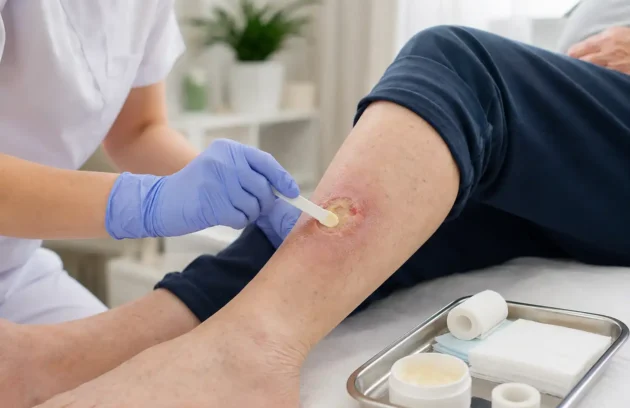 Clinician applying ointment during **enzymatic debridement** to help remove dead tissue from a lower-leg wound.