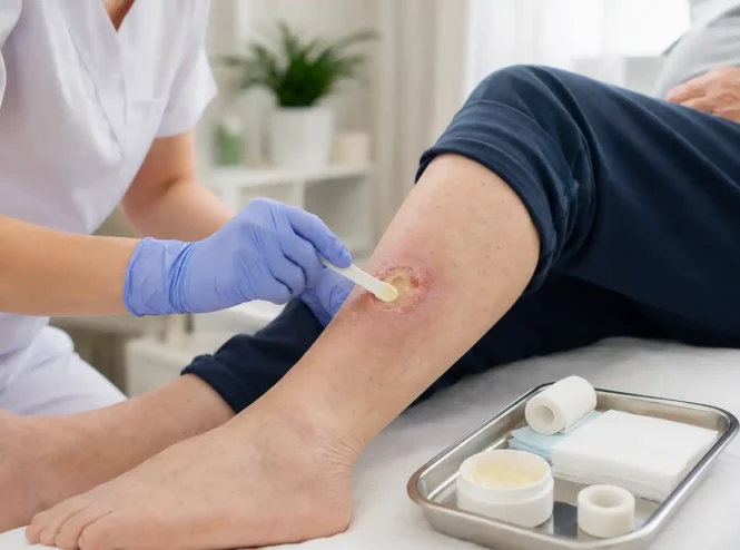 Clinician applying ointment during **enzymatic debridement** to help remove dead tissue from a lower-leg wound.