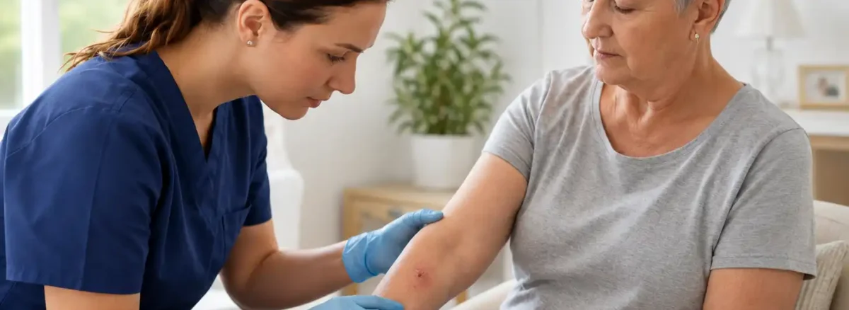 Nurse examining redness and swelling around an older woman’s forearm wound, showing how to tell if a wound is infected by checking for visible changes.