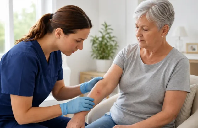 Nurse examining redness and swelling around an older woman’s forearm wound, showing how to tell if a wound is infected by checking for visible changes.