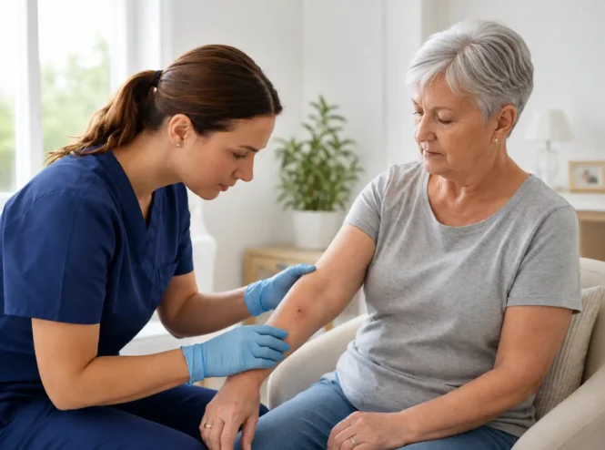 Nurse examining redness and swelling around an older woman’s forearm wound, showing how to tell if a wound is infected by checking for visible changes.