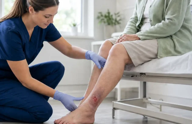Clinician examining an older patient’s lower-leg wound while assessing possible **leg ulcer types** and the surrounding skin.