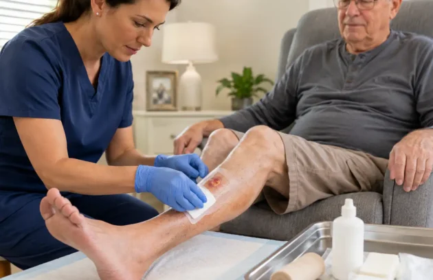 Nurse providing Medicare Part B wound care Georgia services by cleaning and dressing an older patient’s lower-leg wound during an in-home visit.
