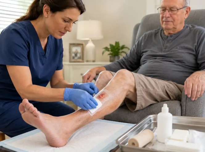 Nurse providing Medicare Part B wound care Georgia services by cleaning and dressing an older patient’s lower-leg wound during an in-home visit.