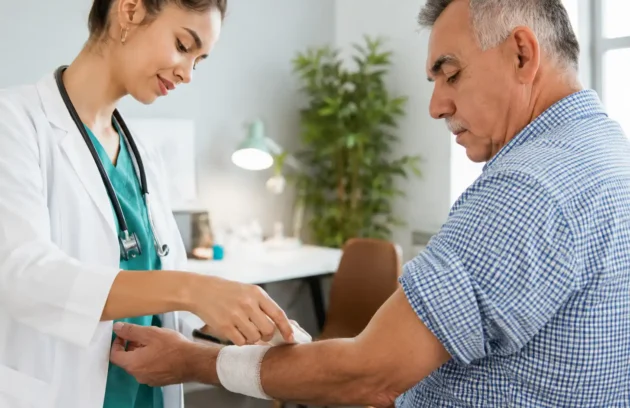 Clinician providing mobile wound care Fayetteville GA by applying a clean bandage to an older patient’s forearm during a professional wound care visit.