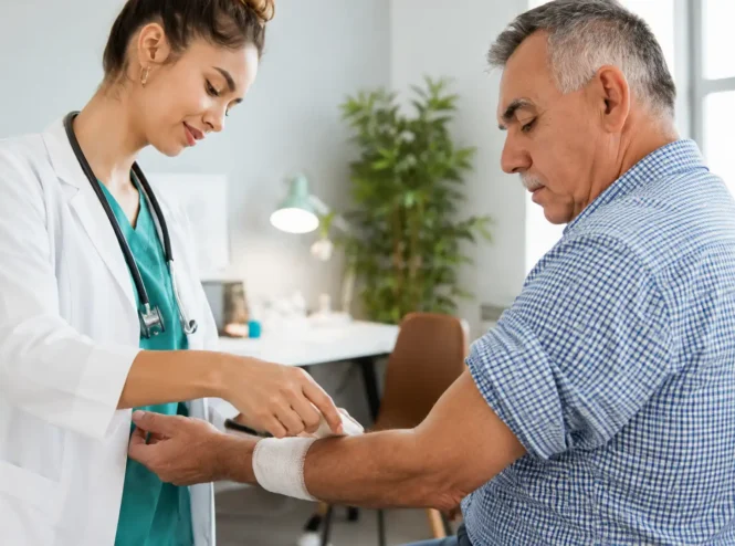 Clinician providing mobile wound care Fayetteville GA by applying a clean bandage to an older patient’s forearm during a professional wound care visit.