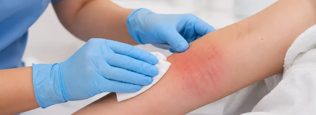 Healthcare professional gently cleaning irritated skin on a patient’s arm affected by **moisture associated skin damage**.