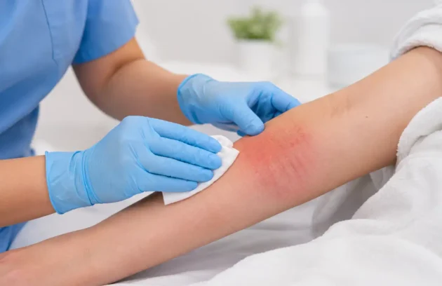 Healthcare professional gently cleaning irritated skin on a patient’s arm affected by **moisture associated skin damage**.