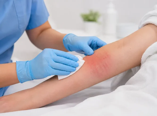 Healthcare professional gently cleaning irritated skin on a patient’s arm affected by **moisture associated skin damage**.