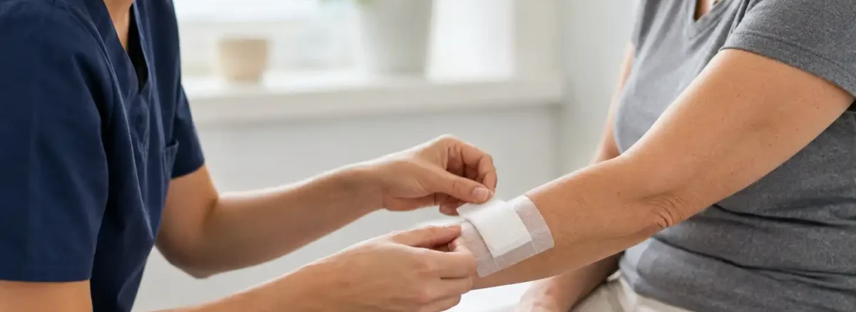 Nurse applying a clean dressing to an older woman’s forearm during wound care, addressing the question “should a wound be covered” for safe healing.