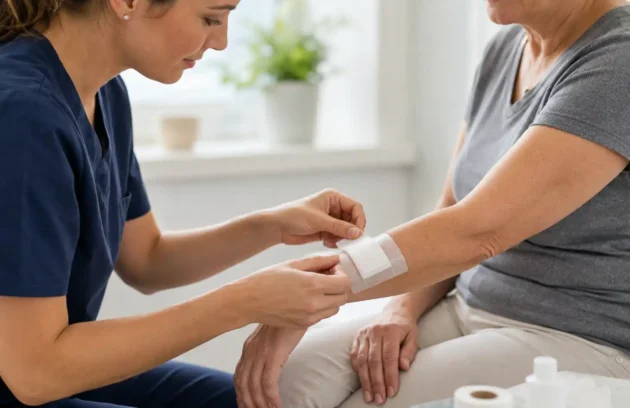 Nurse applying a clean dressing to an older woman’s forearm during wound care, addressing the question “should a wound be covered” for safe healing.