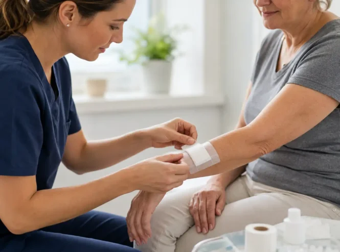 Nurse applying a clean dressing to an older woman’s forearm during wound care, addressing the question “should a wound be covered” for safe healing.