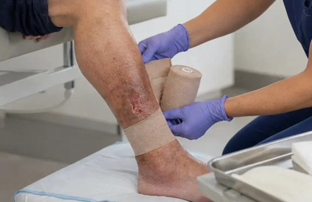 Compression bandage being applied over a venous leg ulcer above the ankle