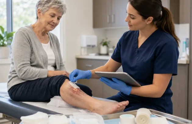 Nurse providing wound care covered by Medicare Part B while assessing and dressing an older woman’s lower-leg wound in a clinical setting.