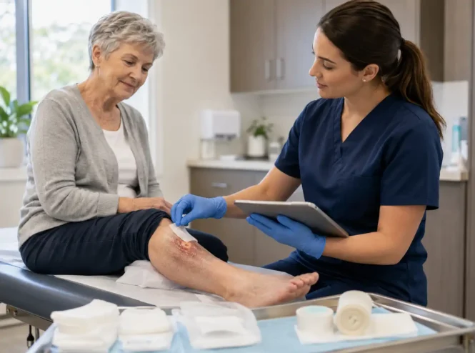 Nurse providing wound care covered by Medicare Part B while assessing and dressing an older woman’s lower-leg wound in a clinical setting.