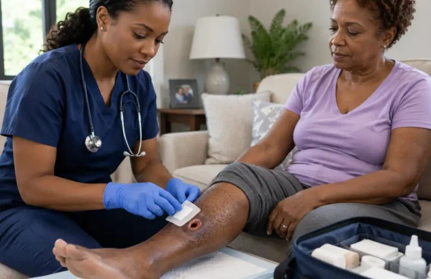 Nurse providing wound care for dark skin while cleaning and dressing an older woman’s lower-leg wound during an in-home assessment.