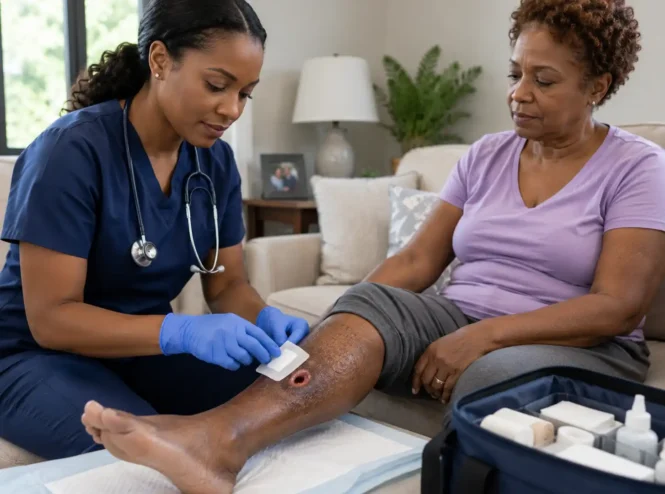 Nurse providing wound care for dark skin while cleaning and dressing an older woman’s lower-leg wound during an in-home assessment.